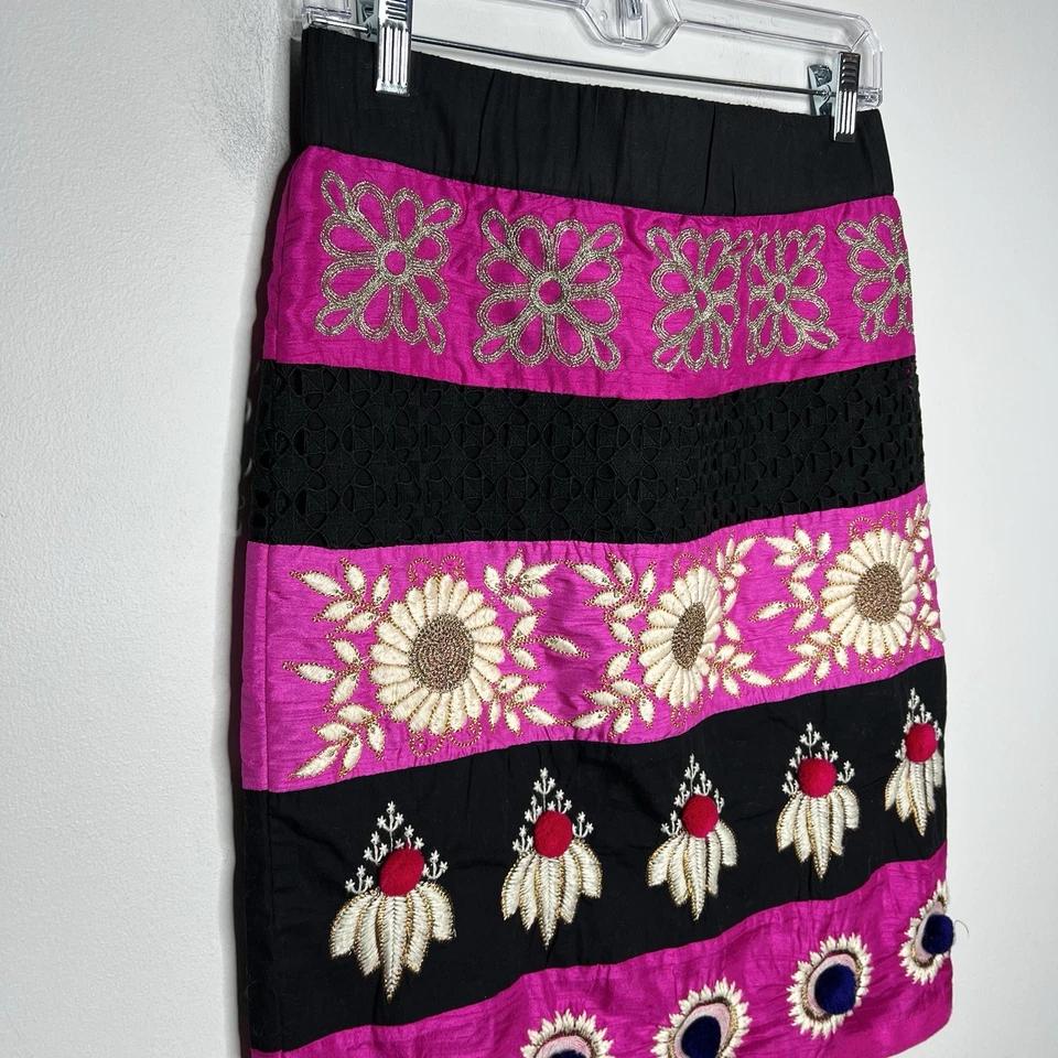 Leifsdottir Womens Size 6 Skirt Embroidered Pink Black Boho Festival Silk Blend - Image 3 of 4