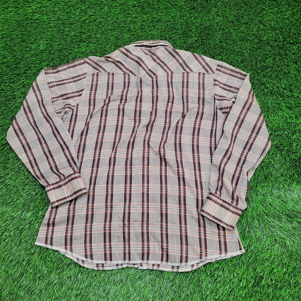 Vintage 80s Wrangler Western Shirt Large 22x27 Brown Plaid - Image 2 of 4