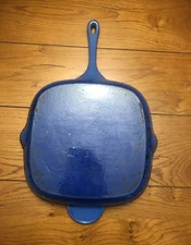 11.5” Cast Iron Blue Enamel Square Skillet Frying Grilling Pan Vintage Cookware