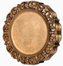 13" Antique Gold Charger Plates with Embossed Rims, Set of 4, Plastic Plate Char