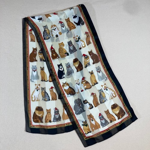 Vintage Christmas Cat Meow Neck Scarf Polyester Santa Hats 57in. X 13in.