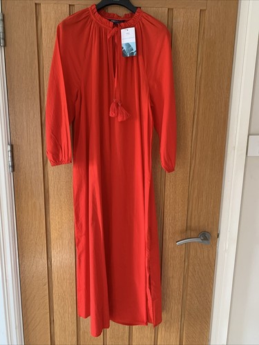 M&S Red-cotton tie front beach cover up kaftan dress- Size Small NEW RRP £35