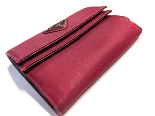 PRADA VINTAGE TRIANGLE EMBLEM POCONO NYLON LEATHER WALLET TRIFOLD ITALY RED - Picture 8 of 24