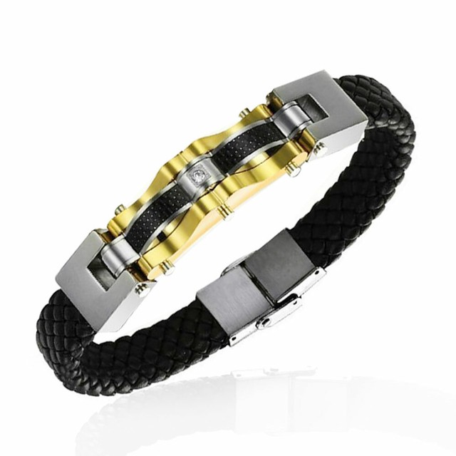 Stainless Steel Black Leather TwoTone Mens Bracelet, 8.75" eBay