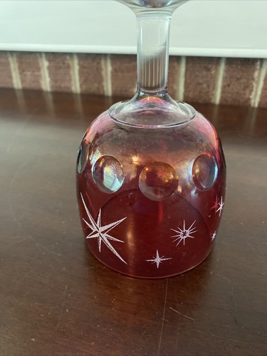 Bartlett Collins Etched Atomic Starburst Cranberry Red Thumbprint Glass Goblet - Picture 9 of 12