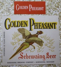 2 ORIGINAL VINTAGE GOLDEN PHEASANT SEBEWAING MI. BEER 12 Oz LABEL NOS
