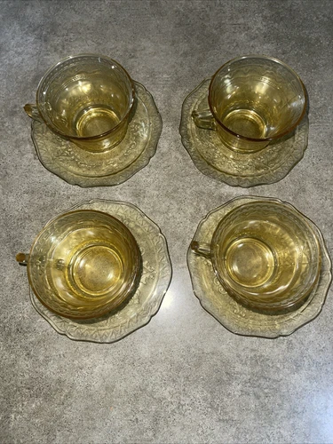 Depression Glass Amber Patrician  Spoke Cups and Saucers- Set Of 4 excellent