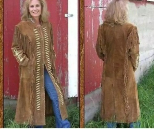 Women Brown Western Style Suede Leather Coat With Fringe - Long Duster Coat - 第 2/3 張圖片