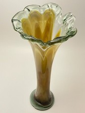 LARGE Vintage MCM Swung Murano Style Stretched Vase Brown Tan Green Blown Glass