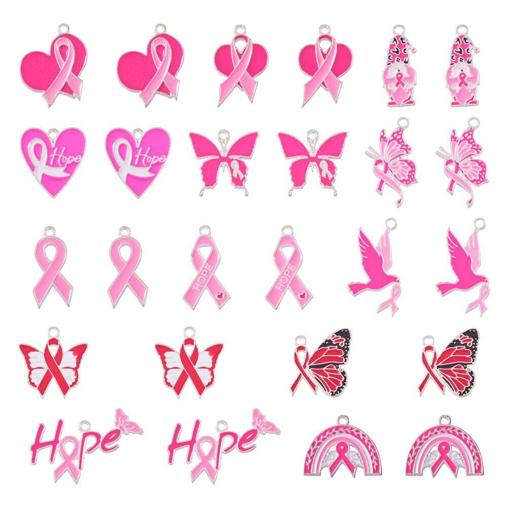 26Pcs 13 Styles Breast Cancer Pink Awareness Ribbon Theme Alloy Enamel Pendants