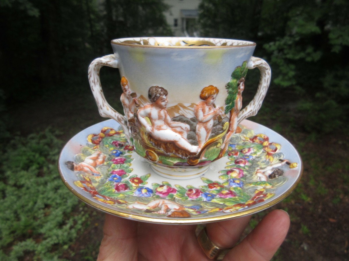 Antique 19th C. Capodimonte Porcelain 2 Handled Tea Cup & Saucer N