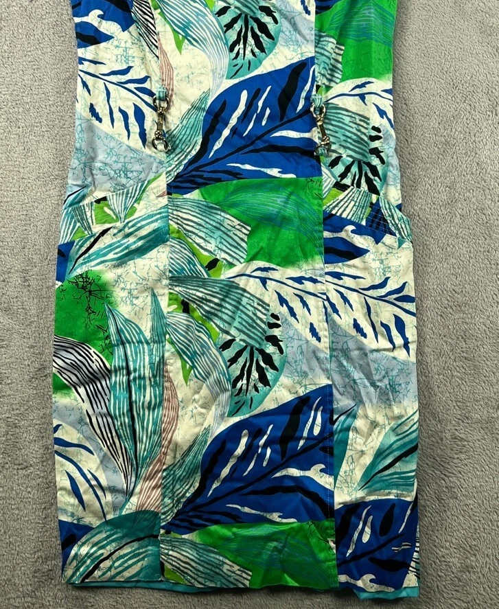 Vestido Ellen Tracy Mujer 2 Azul Verde Hawaiano Tropical Tiki Funda Sin Mangas Foto 4 de 4