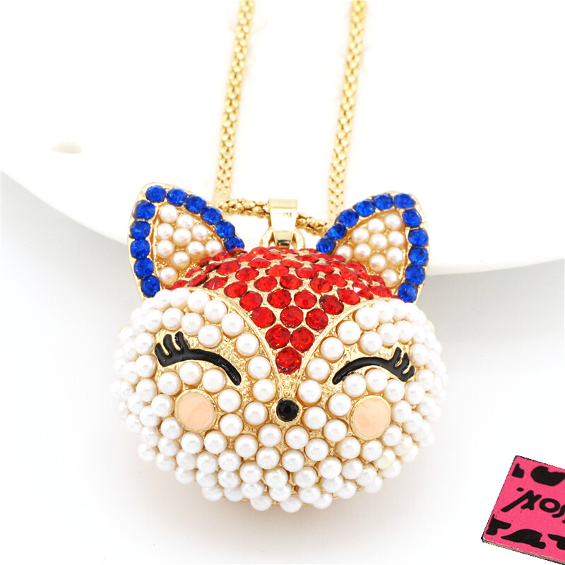 Fashion Red Crystal Pearl Enamel Fox Women Pendant Chain Necklace