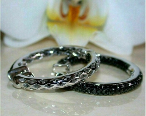 2.50Ct Round Cut Black Created Diamond Hoop Women Earrings 14K White Gold Finish - Picture 2 of 6