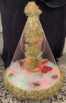 VINTAGE Kitschy Fishing Line Gold Tinsel Y2K Christmas Tree Collectible 18'' tall