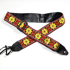 Vintage Hippie Embroidered Jacquard Guitar Strap, 1970s Japan - Leather Ends
