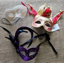 3 Masquerade Eye Mask 1 Red Gold Jester, Purple W/ Black Feathers, Silver ...