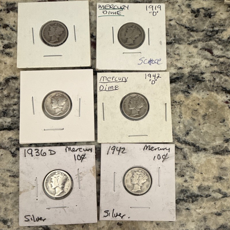 Mercury Dime Lot 6 Coins Silver 0.9 10C Mixed Dates/Mints Circulated Uncert