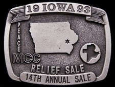 IK15152 NOS VINTAGE 1993 14TH ANNUAL IOWA MCC RELIEF SALE BELT BUCKLE