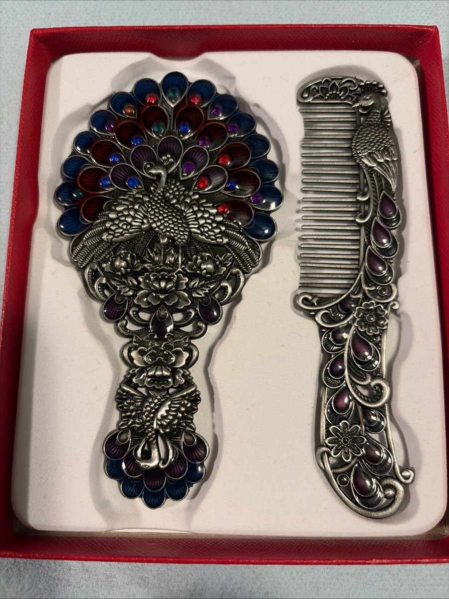 Peacock Mirror & Comb Set w/Decorative Gems Vintage Style 5” Decor