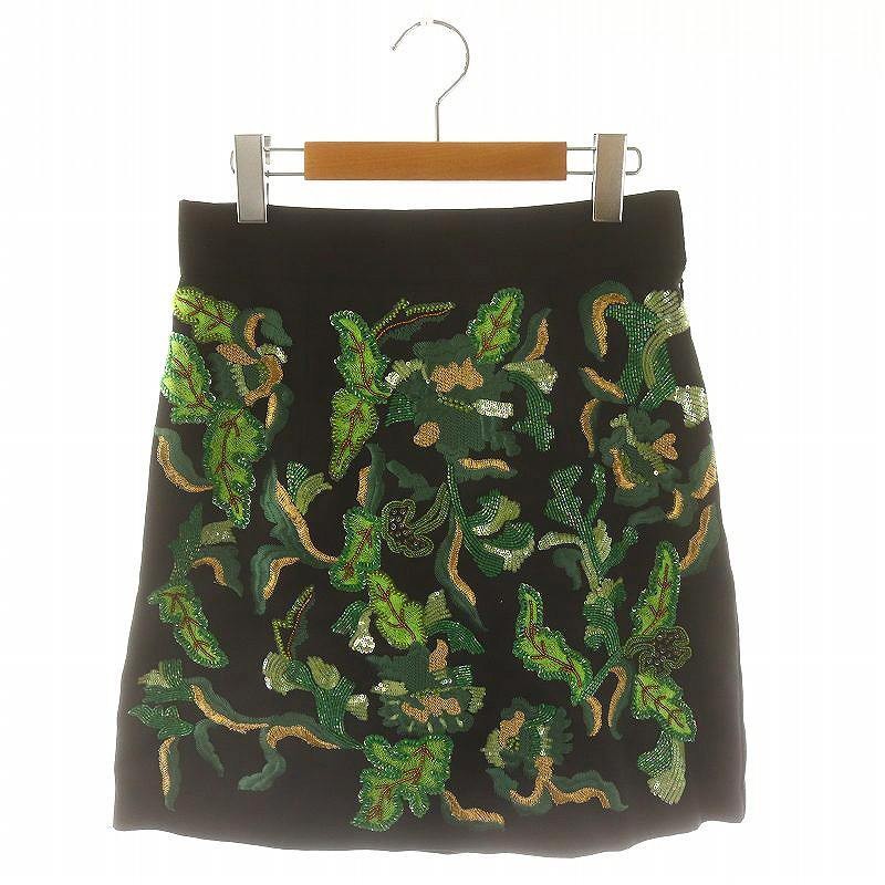 Grace Continental 23AW Beaded Embroidered Mini Skirt Black Green Trapezoid Cut