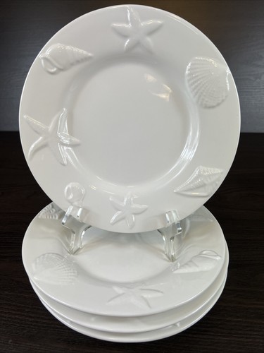 4 piatti insalata ceramica fienile mare bianco 8 1/2" bordo conchiglia mare - Foto 1 di 8