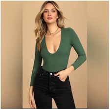Free People Green Deep V Long Sleeve Bodysuit Thong Back Size M