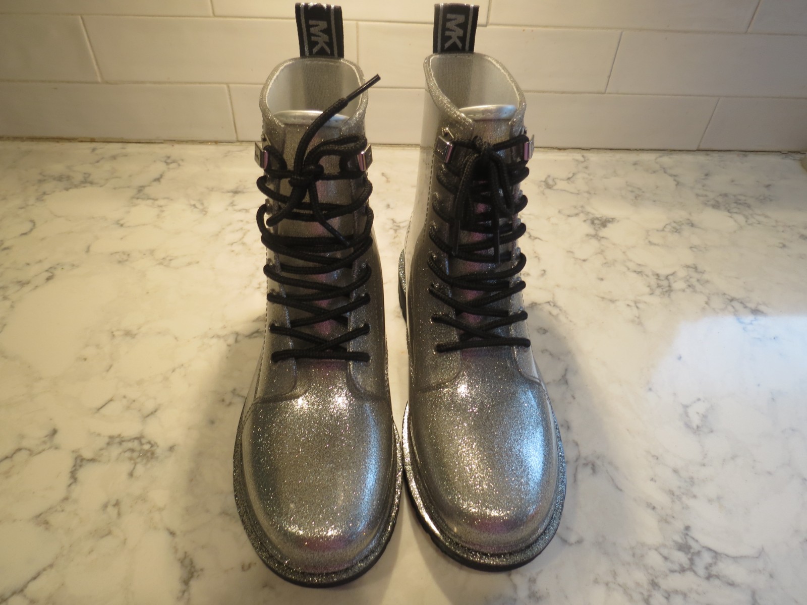 New Michael Kors silver metallic rain boots platform lace up block heel women 10 thumbnail 2