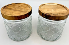 Lot of 2 Embossed Glass Storage Jars w/ Wooden Lids w/ Gaskets- 5"
