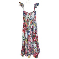 AAKAA Floral Smocked Midi Dress Small High Low Ruffle Hem Cottagecore Boho
