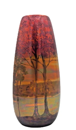 Vintage Weller Lasa Art Pottery Vase, Scenic Landscape Trees Iridescent 8.5"
