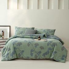 100 Cotton Muslin Jacquard Comforter Set, Floral Ginkgo Leaves Print, Soft Ligh