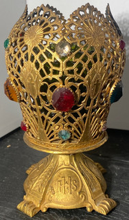 ANTIQUE CATHOLIC CHURCH JEWELED CHALICE STYLE IHS VOTIVE CANDLE HOLDER