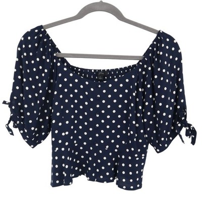 J. Crew Cropped Polka Dot Top Women L Blue Preppy Nautical Classic Retro Modern
