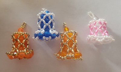 Four Handmade Beaded Christmas Bell Ornaments 2 Orange & Gold 1 Pink 1 Blue