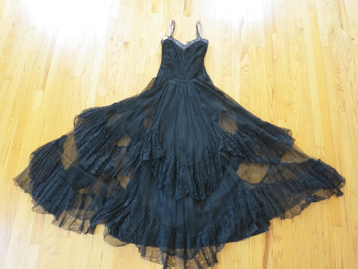 Vtg 1930s Sheer Black Silk Chiffon Lace Evening Dress Small Goth