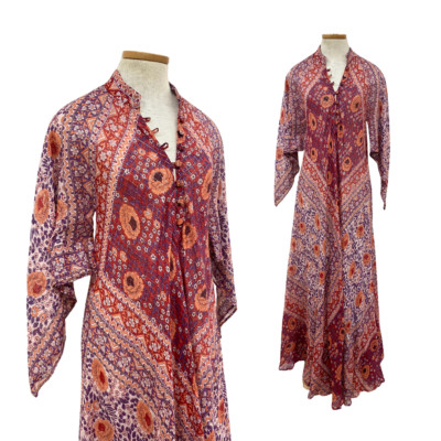 Vintage 1970s Adini Indian Cotton Metallic Gauze Bohemian Angel Sleeve Maxi
