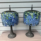 21'H Tiffany Style Wisteria Table Lamps PAIR Blue Stained Glass Beautiful