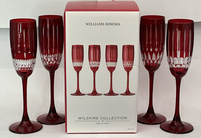 Williams Sonoma Wilshire Collection S/4 Christmas Scarlet Red Flute Glasses ~NIB