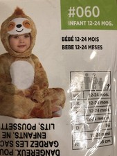 Baby Toddler Soft Plush 2 Piece Cuddly Sloth Halloween Costume 12-24 Months NEW
