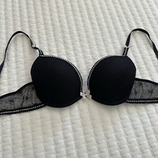 Betsey Johnson Lined Bra 34C Underwire Black Lace  Mesh With White Ribbon