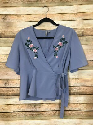 Asos Womens Size Blue Floral Embroidered Wrap Blouse Short