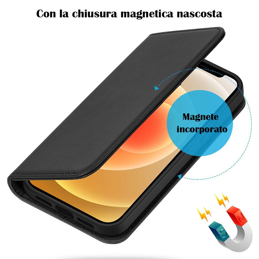 Custodia Eximtang In Vera Pelle Per IPhone 16/15/14/13/12 Pro Max/Plus – Bookcase, RFID, 9H Glass Inclusa