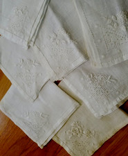 6 VTG Organdy Linen Drawn Thread Work Embroidered White on White Napkins 1920s