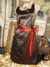 4 Satin Tea Dress Mahagony Brown Orange Ivory Sash Lined Bateau NWOT