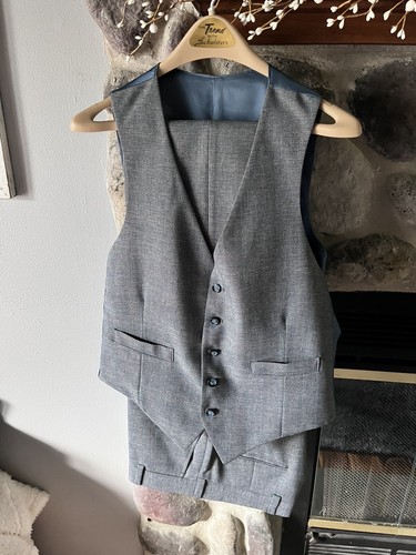 Vtg 3 pc Blue BELL BOTTOM Suit WINDOWPANE Overcheck PLAID Wool Linen 42 R Vest - Picture 5 of 20