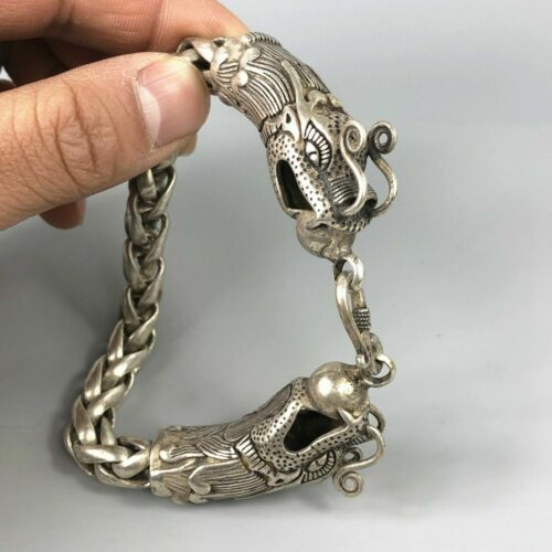 Chinese Rare Collectible Tibet Silver Handwork Dragon Amulet Bracelet Exquisite - Afbeelding 1 van 6