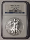 2008 W Burnished Silver American Eagle NGC GRADED MS70 Early Release Label