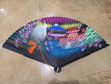 Vintage Japanese Folding Fan - Hand Painted With Peacock, Pagoda , Mt Fuji.