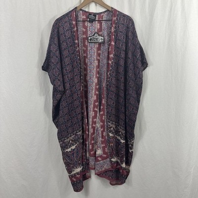 Angie Purple Spice Paisley Kimono Duster Womens Size L Boho Western Fall